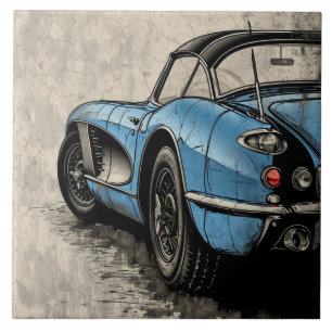 Old Blue Vintage Sports Car side view Tile