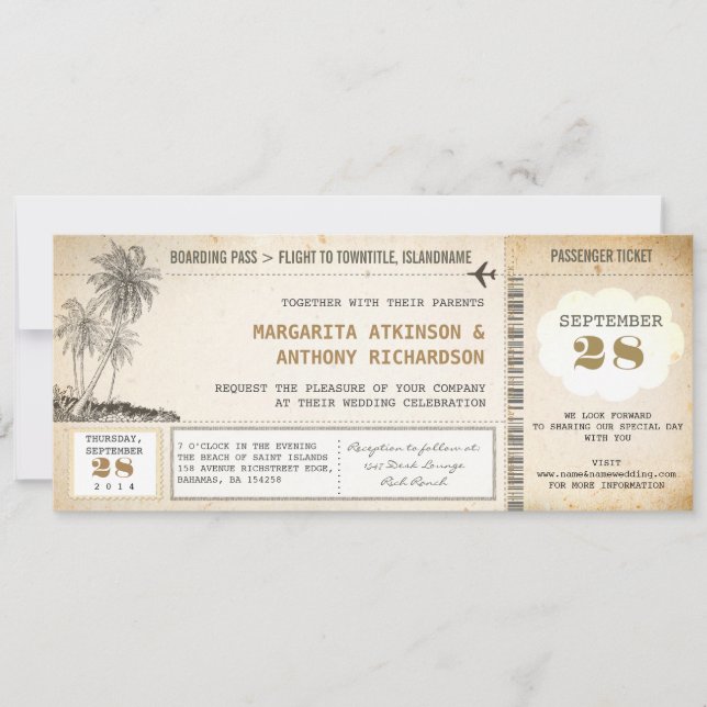 old boarding pass flight wedding invitations (Front)