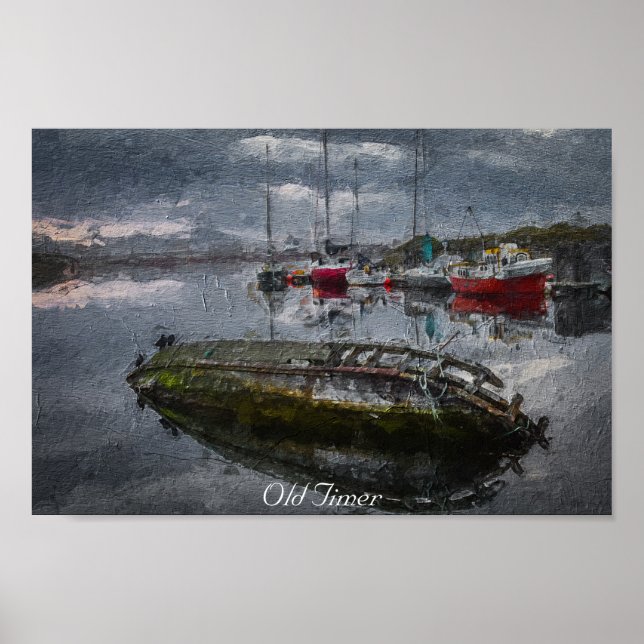 Old Boat in harbour sinking, oil painting Poster (Front)