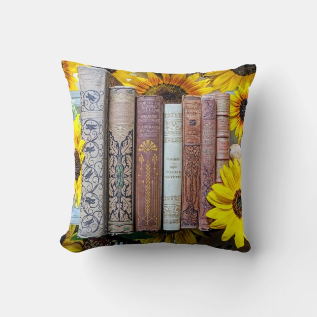 Old Books and Sunflowers Throw Pillow (Front)