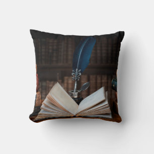 Old books, quill pen and vintage inkwell on wooden throw pillow