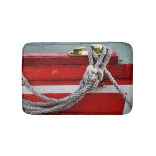 Old Bow Ropes On Brass Cleat On Canal Boat Bath Mat