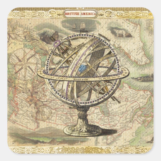 Old British America Explore Polar Bear Compass Map Square Sticker (Front)