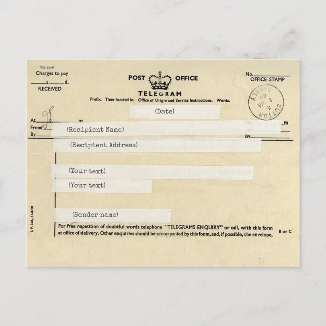 Old British post office telegram (Customizable) Postcard (Front)