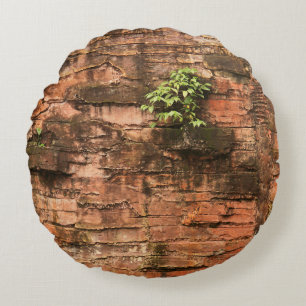 Old broken brick wall round pillow