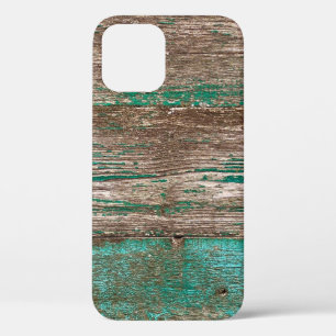 Old brown-blue wooden background with peeling pain iPhone 12 case