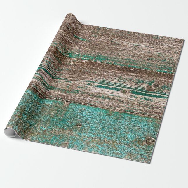 Old brown-blue wooden background with peeling pain wrapping paper (Unrolled)