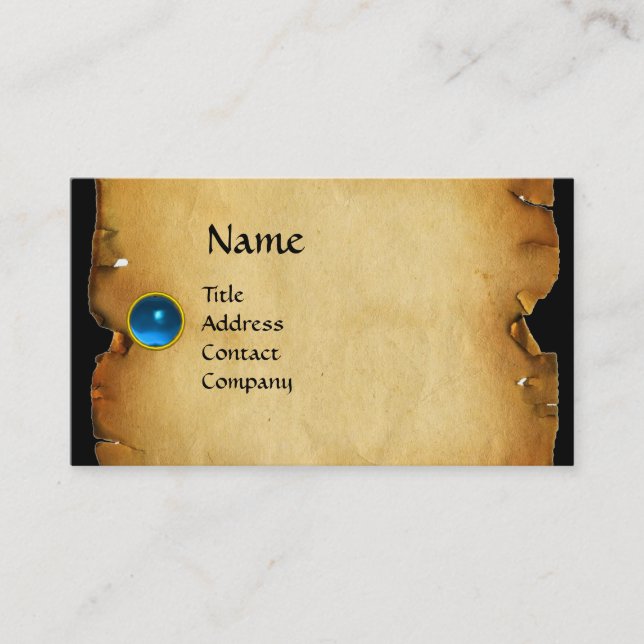 OLD BROWN PARCHMENT, GEM STONE, MONOGRAM blue Business Card (Front)