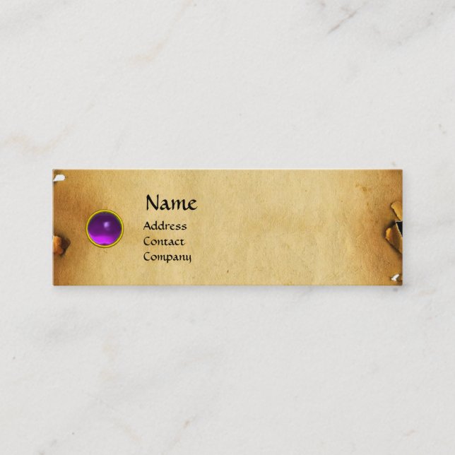 OLD BROWN PARCHMENT, GEM STONE, MONOGRAM purple Mini Business Card (Front)