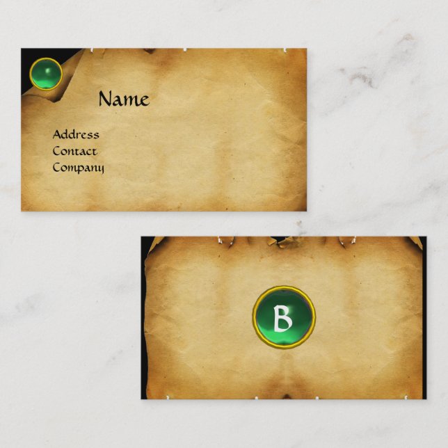 OLD BROWN PARCHMENT,GREEN GEMSTONE,MONOGRAM BUSINESS CARD (Front/Back)