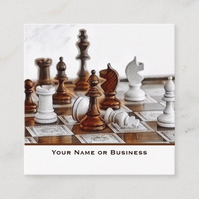 Old Brown, White Styled Chess Pieces Coach Club Square Business Card (Front)