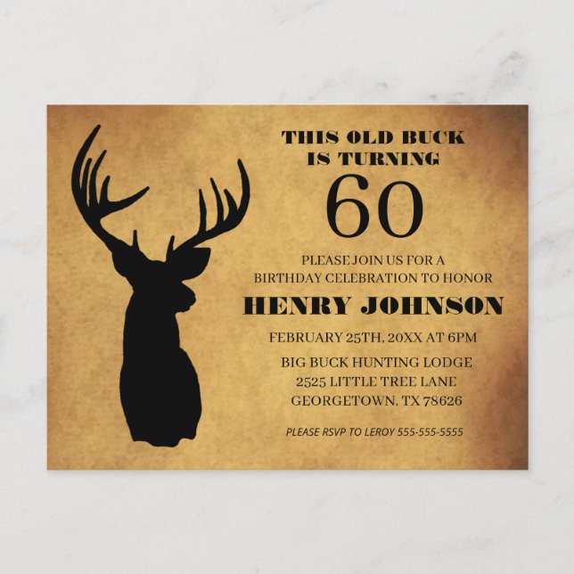 Old Buck 60th Birthday Party Invitation Postcard (Front)