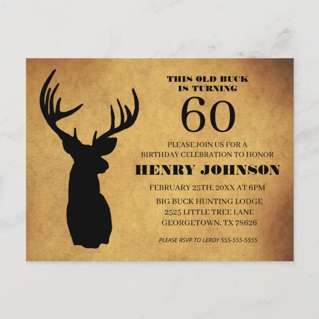 Old Buck 60th Birthday Party Invitation Postcard (Front)