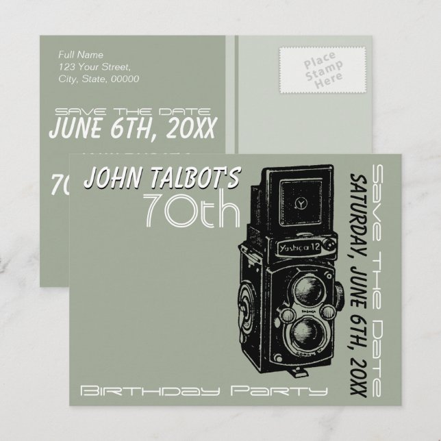 Old Camera 70th birthday Party Save the Date 1 Announcement Postcard (Front/Back)