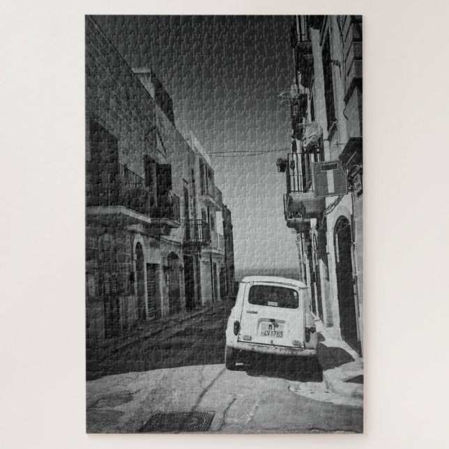 Old car in a street in Italy in black and white Jigsaw Puzzle (Vertical)