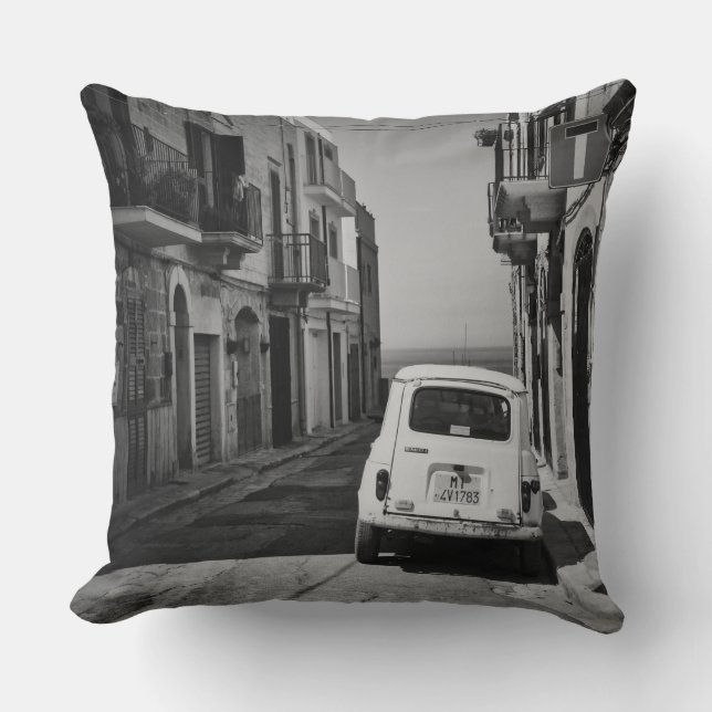 Old car in a street in Italy in black and white Throw Pillow (Front)