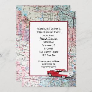 Old Car On Map 75th Birthday Invitation