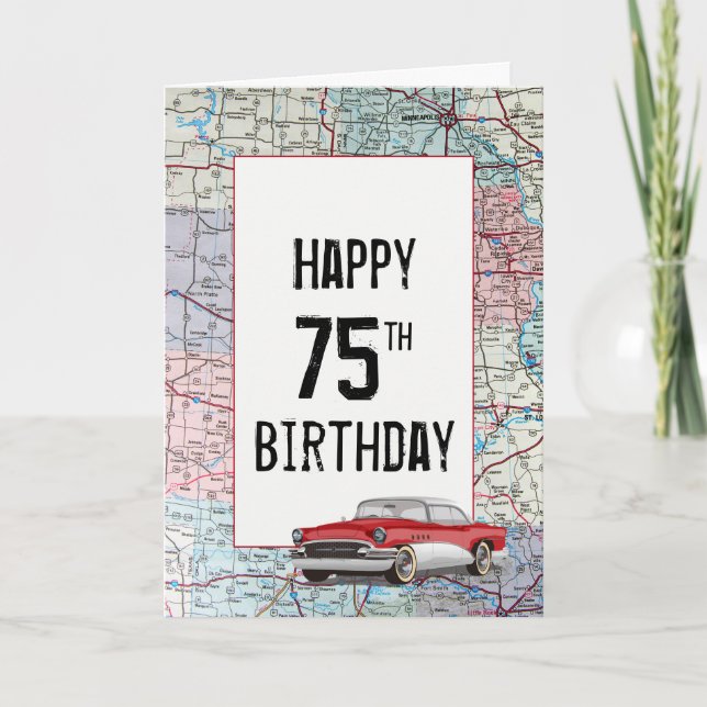 Old Car on Road Map 75th Birthday   Card (Front)