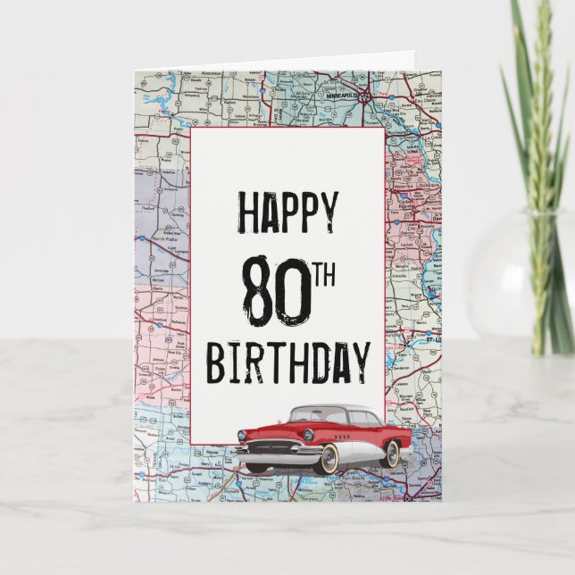 Old Car on Road Map 80th Birthday Card (Front)