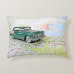 old car on road map accent pillow