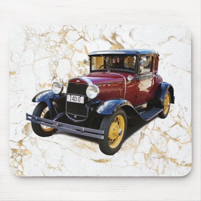 Old Car on White & Gold Marble Mouse Pad (Front)