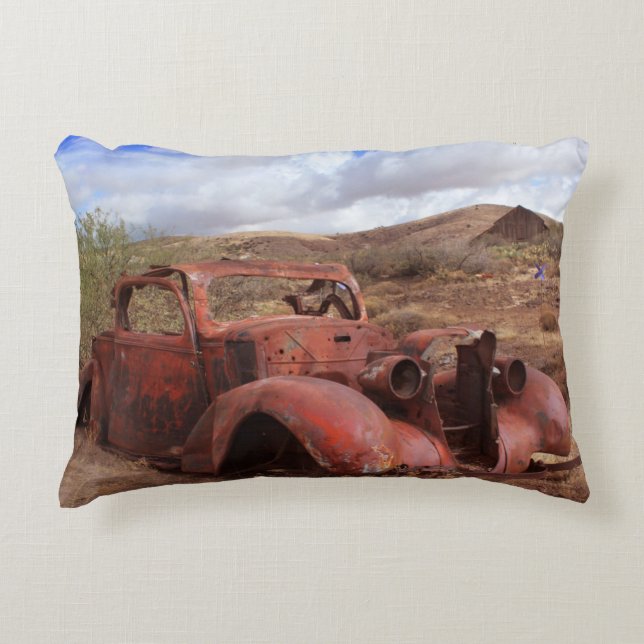 Old Car Rusting In Desert Landscape Decorative Pillow (Front)