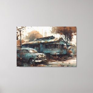 Old cars in front of an old house canvas print