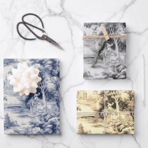 Old Castle Modern Blue Toile de Jouy pattern Wrapping Paper Sheet
