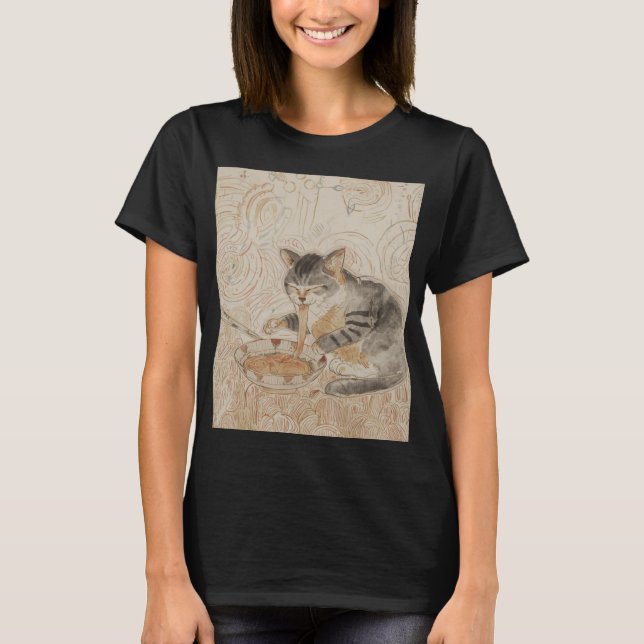 Old Cat Eating Ramen T-Shirt (Front)
