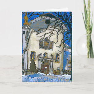 Old Church In Snow Christmas Tree Holiday Card