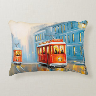 Old City Tram Oil Painting Accent Pillow