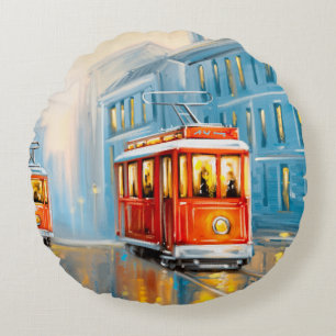 Old City Tram Oil Painting Round Pillow