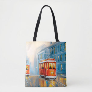 Old City Tram Oil Painting Tote Bag