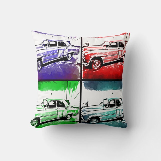 Old Classic Car Watercolor Pop Art Print Throw Pillow (Front)