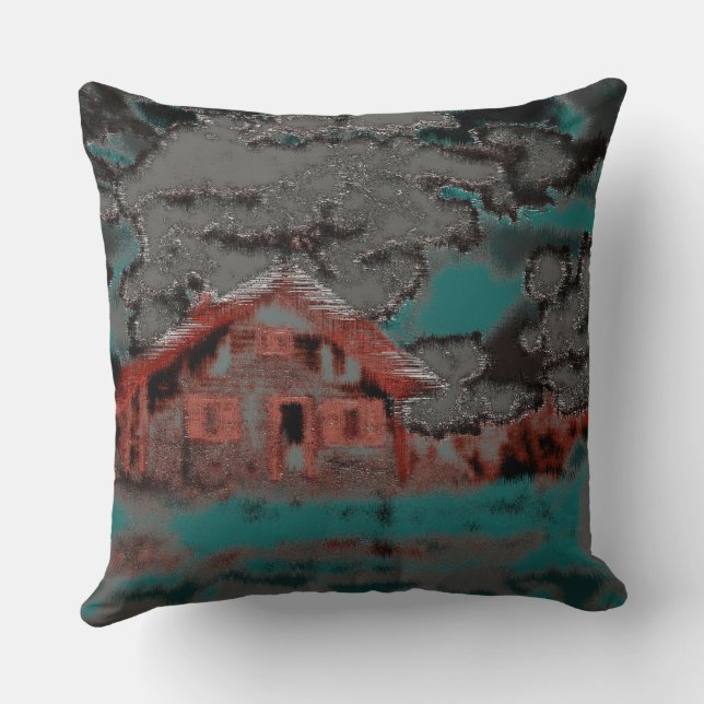 Old clay house with drizzled motion, under clouds throw pillow (Back)