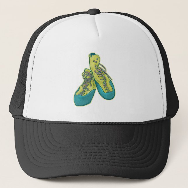 Old climbing shoes rock climbing trucker hat (Front)