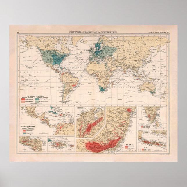 Old Coffee Farming & Consumption World Map (1907)  Poster (Front)