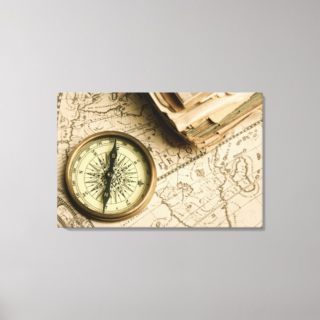 Old Compass Over Ancient Map Canvas Print (Front)