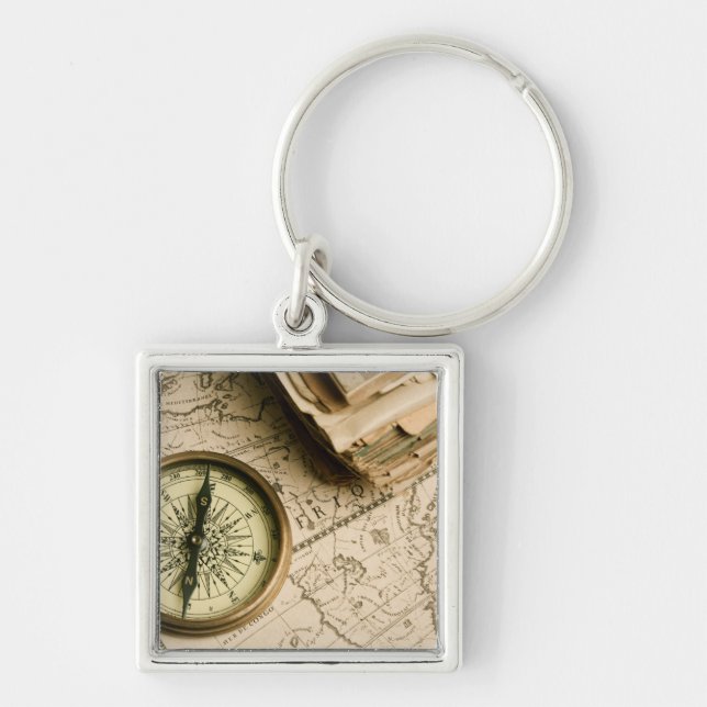 Old Compass Over Ancient Map Keychain (Front)
