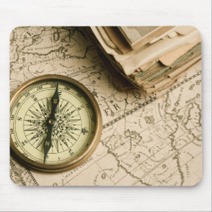 Old Compass Over Ancient Map Mouse Pad