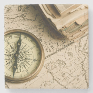 Old Compass Over Ancient Map Stone Coaster