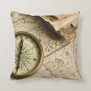 Old Compass Over Ancient Map Throw Pillow