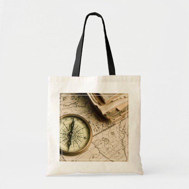 Old Compass Over Ancient Map Tote Bag (Front)
