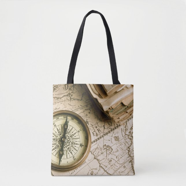 Old Compass Over Ancient Map Tote Bag (Front)
