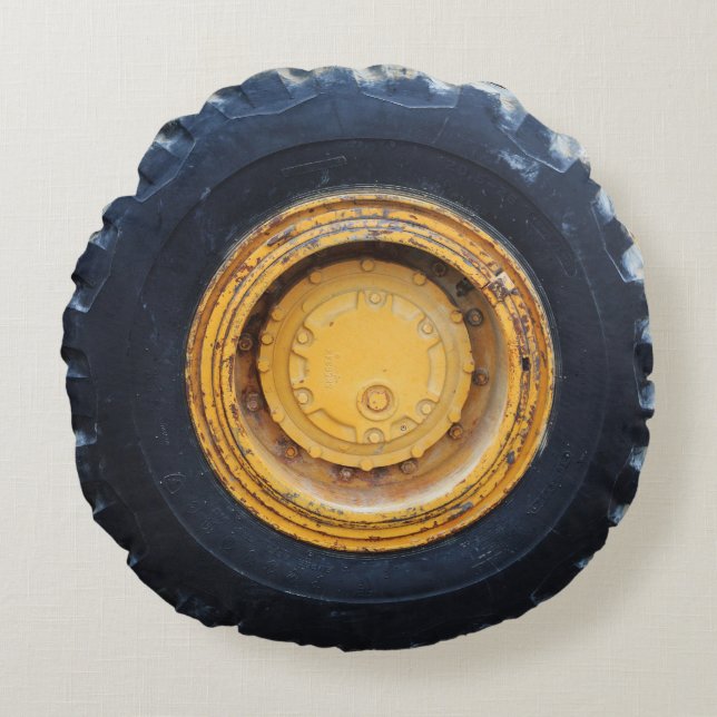 Old Construction Tractor Tire Round Pillow (Front)