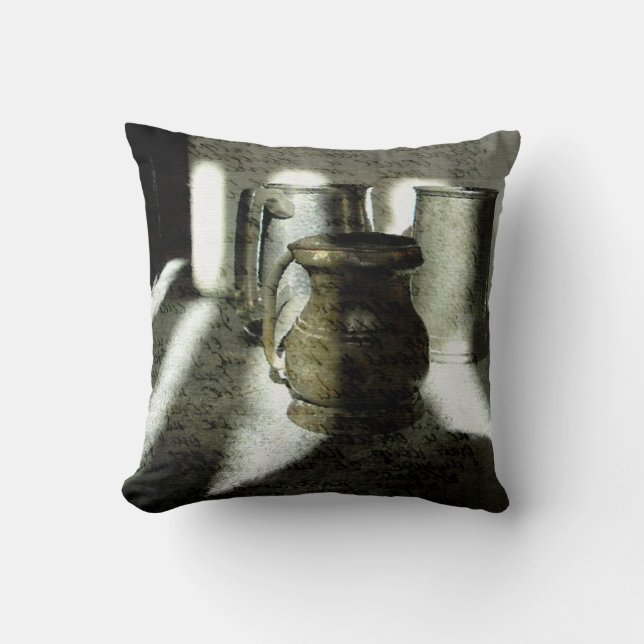 Old Copper and Pewter Mugs by Alexandra Cook Throw Pillow (Front)