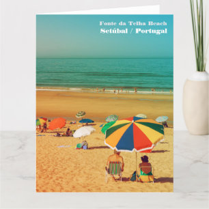 Old couple under beach umbrella in Fonte da Telha. Thank You Card
