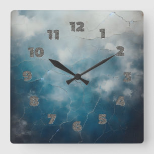 old cracked blue wall square wall clock