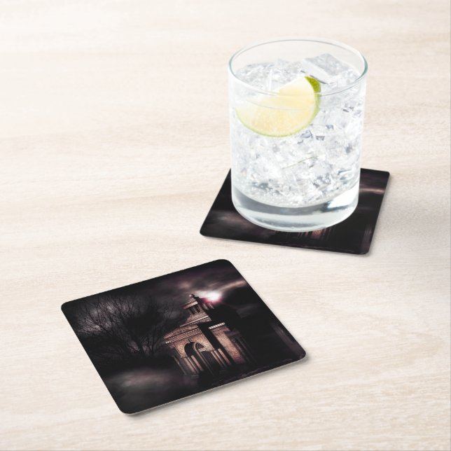 Old crypt in the dark forest square paper coaster (Insitu)