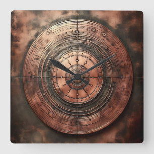 old dirty copper round object square wall clock